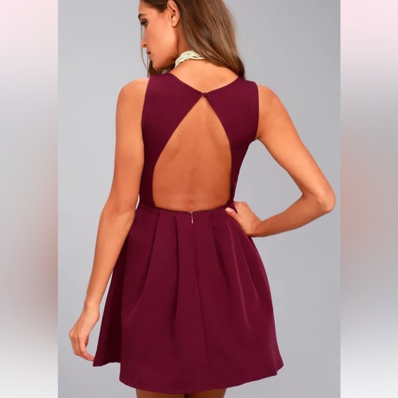 Lulu’s Party Hop Burgundy Backless Skater Dress - Picture 3 of 9